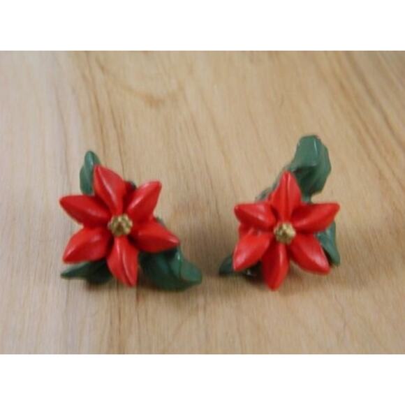 Holiday Vintage Poinsettia Post Earrings, Vintage Christmas Earrings - Picture 3 of 5